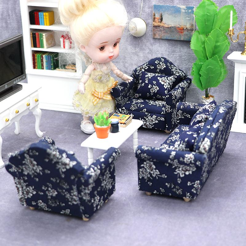 1:12 Dollhouse Miniature Furniture: Blue Floral Sofa Cover with Cushion