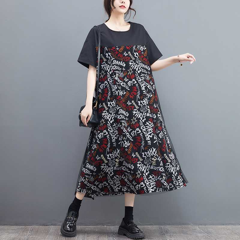 Rochie largă și la modă, supradimensionată, cu patchwork din plasă, care subțiază, cu imprimeu retro, cu mâneci largi, plisată, cu gât rotund