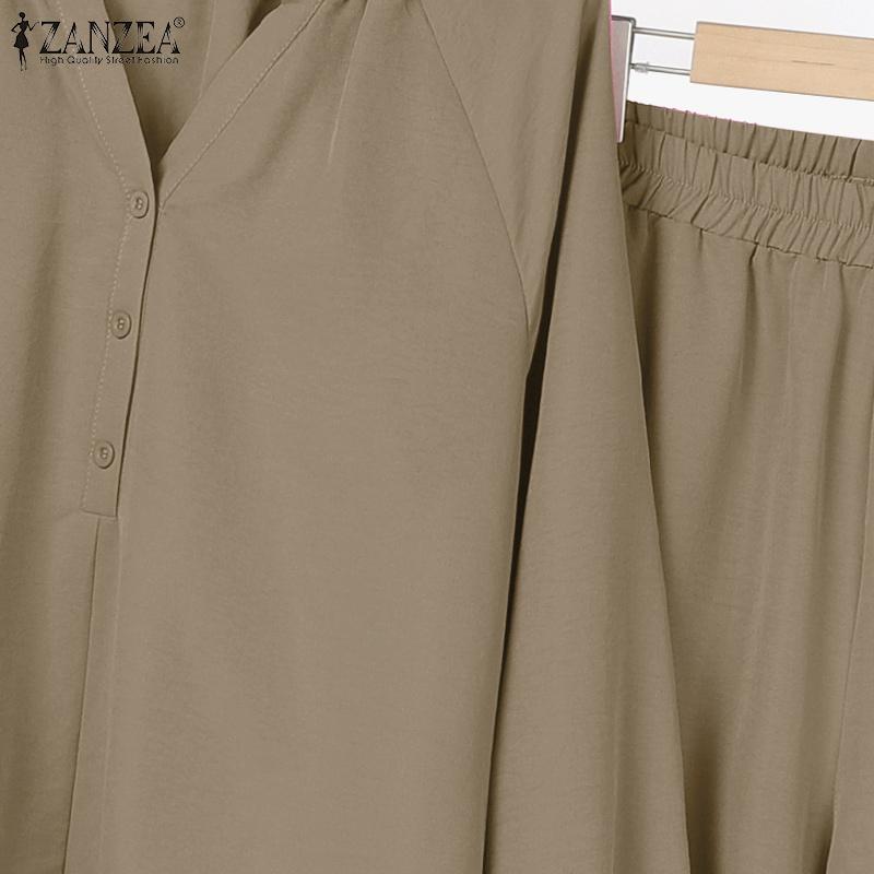 ZANZEA Bluzka z długim rękawem i spodnie damskie, casualowe dwuczęściowe zestawy garniturowe