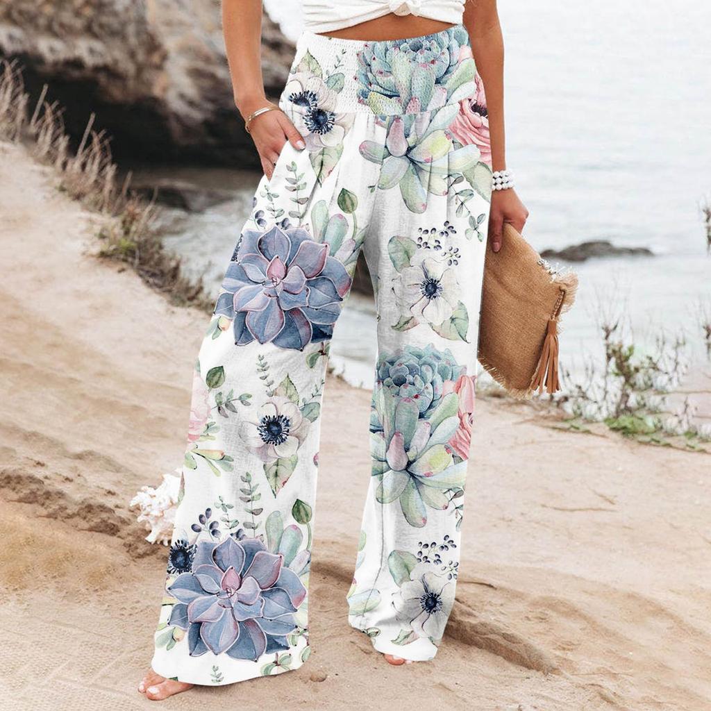 High Waisted Pants For Women Printed Stretchy Wide Leg Palazzo Pants Casual Comfy Beach Pants Trousers