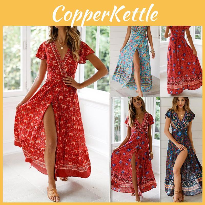 Elegant Women Wrap Summer Boho Floral Short Sleeve Maxi Print Dress For Holidays