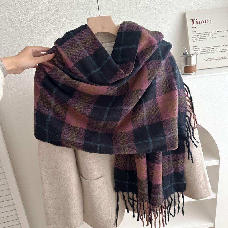 Winter New Retro Plaid Scarf Girls Versatile Thickened Warm Long Shawl Dual-purpose Double-sided Couple Scarf