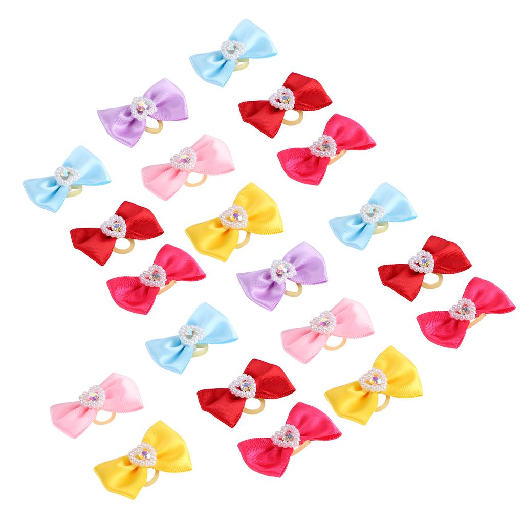 20Pcs Handsewn Cute Pet Hair Bows Grooming Bows Lovely Bowknot with Rubber Bands for Pet