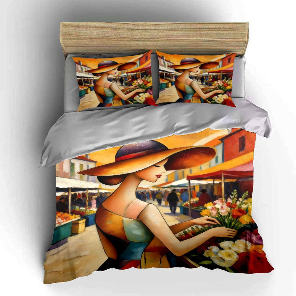 Stylish Woman Market Artwork Set Soft Comfortable Duvet Cover Bedding Set Included 1*Duvet Cover & 2*Pillowcases, Gift