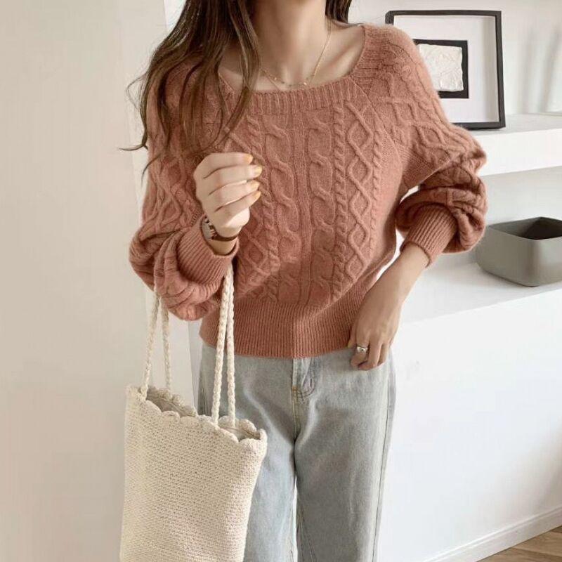 New Square Collar Retro Hemp Pattern Loose Knitwear