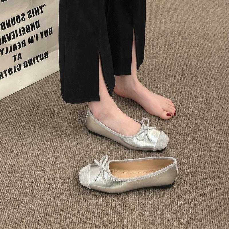 Ballet shoes 2025 new new bow round head flat sole single shoes women's casual soft sole large size comfortable single shoes