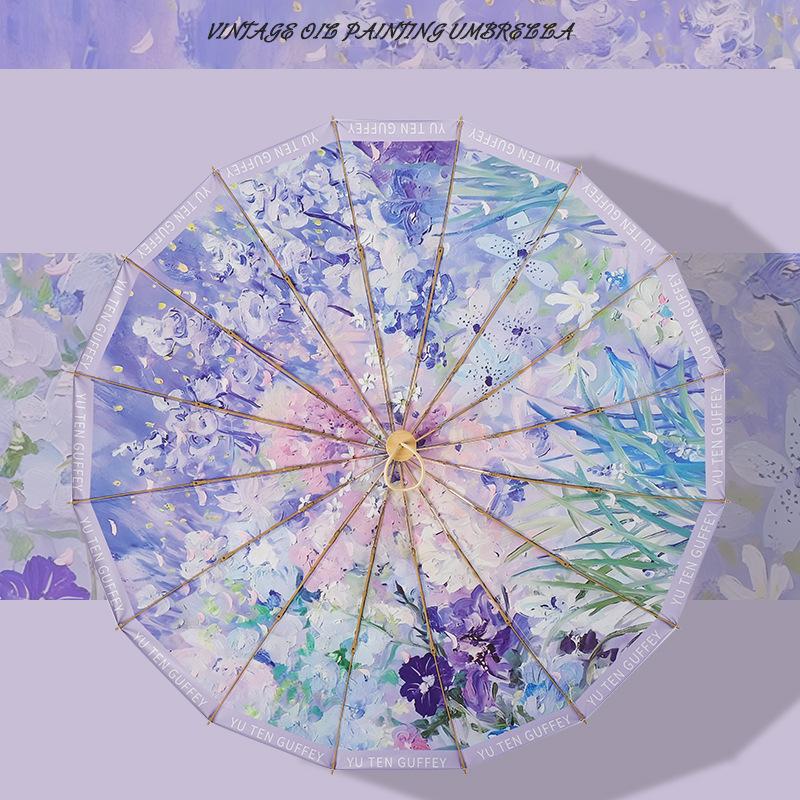 Nowy trójdzielny 16-żebrowy kolorowy klej złoty szkielet ochrona przeciwsłoneczna osłona przeciwsłoneczna kreatywny parasol z malarstwem olejnym plus parasol