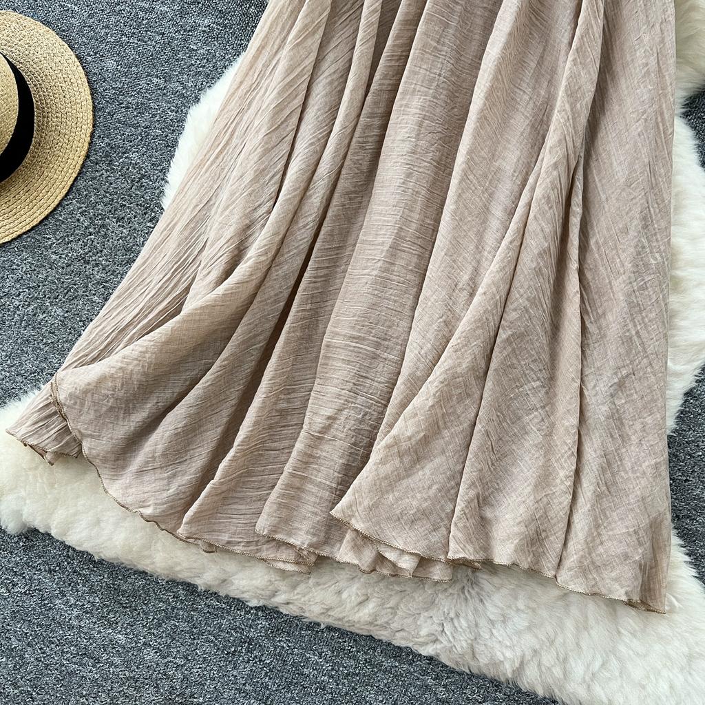 Summer Women Chic Cotton Linen Solid Elastic Waist Long Maxi Skirt