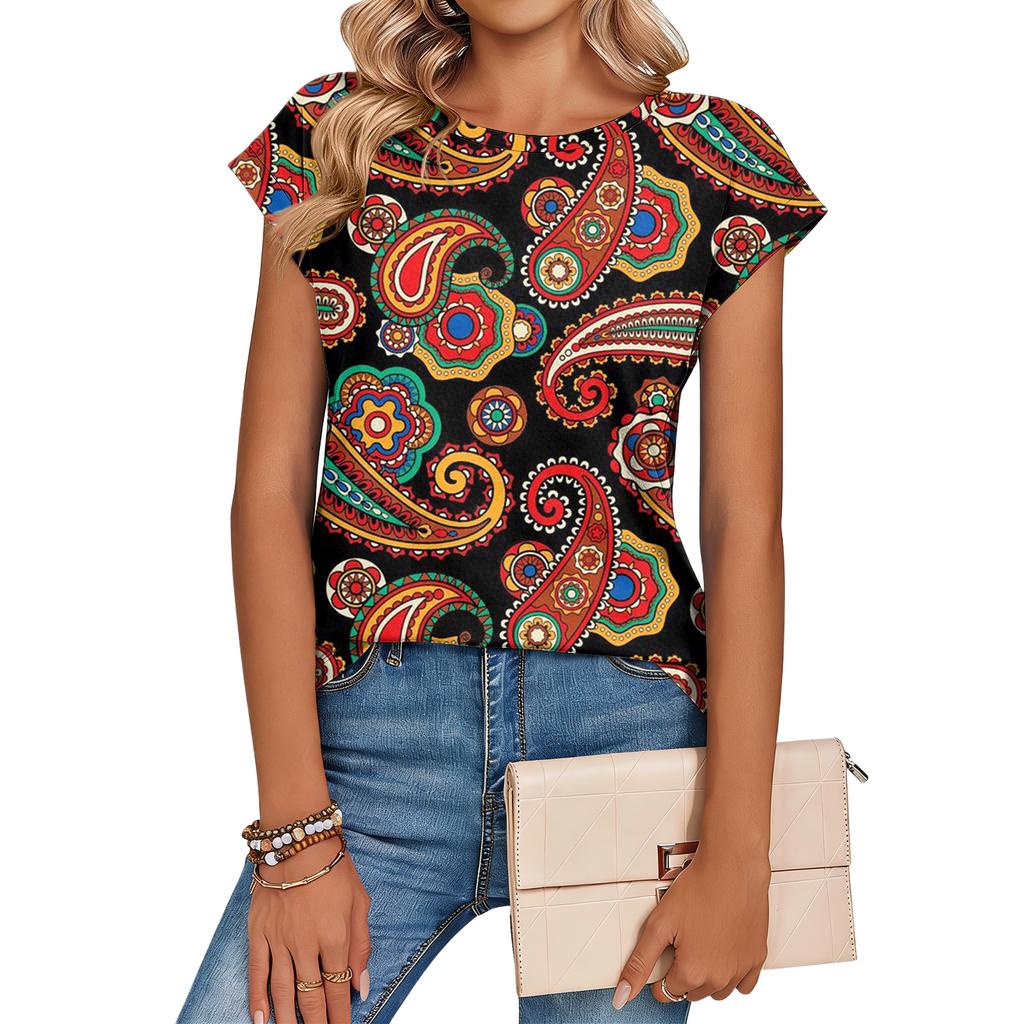 Women's Loose-Fit Fashionable Casual Vintage Print Cap-Sleeve T-Shirt Top