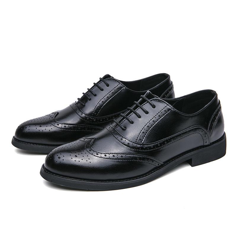 British Men's Carved Leather Brogues with Pointed Toe - Plus Size Formal & Casual Color Block Shoes