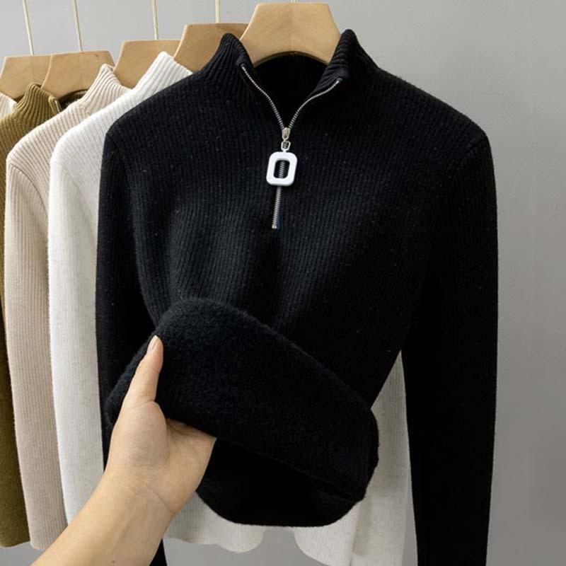 

Женский флисовый утолщенный свитер на молнии, зимний повседневный однотонный модный трикотажный свитер, модные свободные топы XL чёрный
