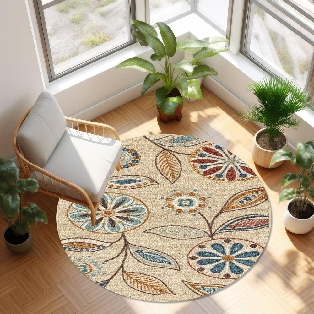 Bohemian Floral Round Rug Ethnic Style Botanical Pattern Carpet Soft Non-Slip Circle Floor Decor Mat for Living Room Bedroom