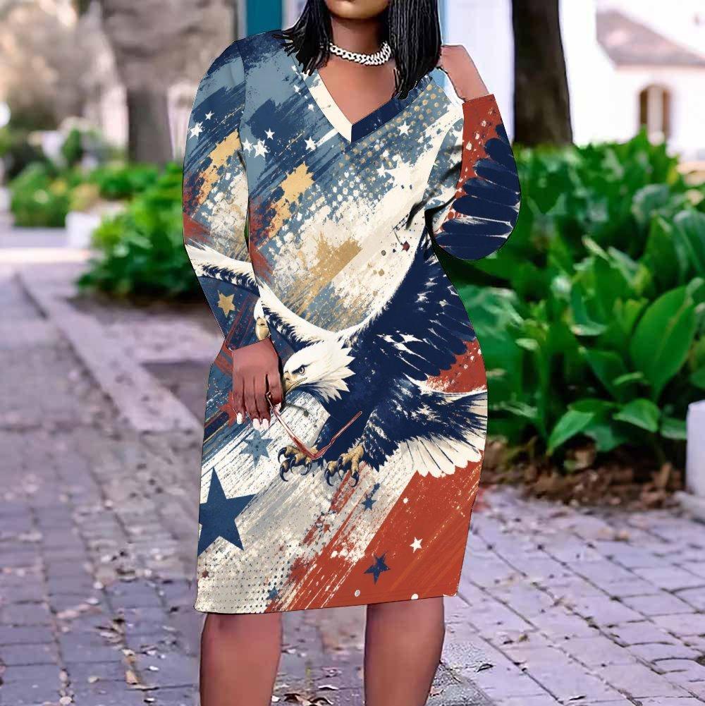 Women Plus Size V Neck Long Sleeve Navy Blue Red White Printed Fitted Straight Dress