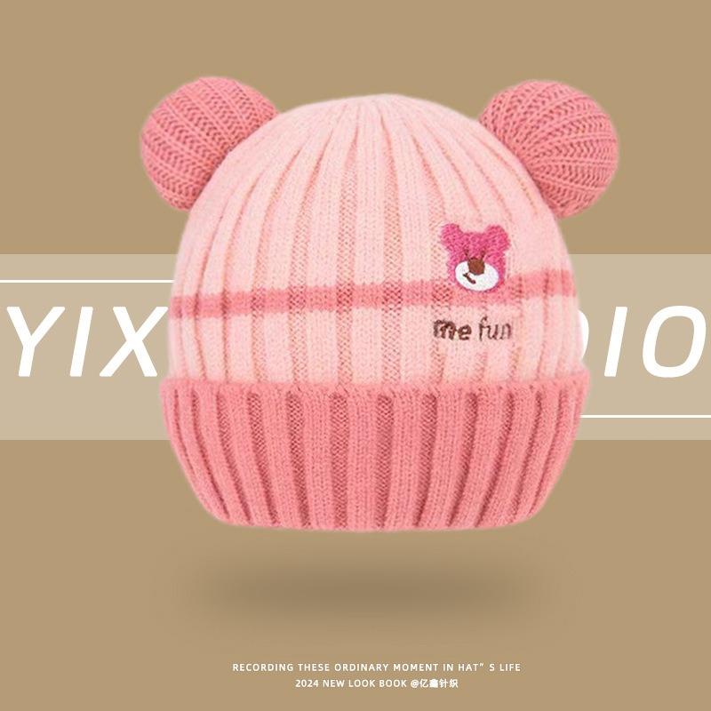 Baby Hat Winter Cute Cartoon Double Ball Wool Hat Boys and Girls Baby Ear Protector Knitted Hat Children's Pullover Hat
