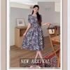 Bellflower French Purple Floral Women's Summer Waist-Hugging Mid-Length Dress