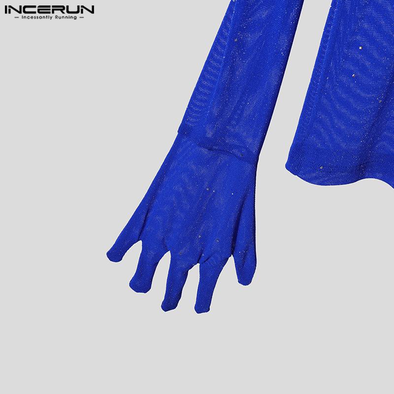 INCERUN Men Mockneck Long Sleeve Mesh Sheer Gloves Tops Slim Glitter Undershirts