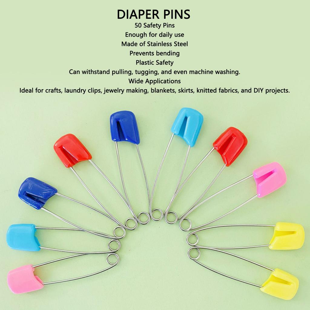 50 Pcs Diaper Pins Stainless Steel Plastic Head Baby Safety Pins Versatile Use for Crafts Laundry Jewelry Making Large