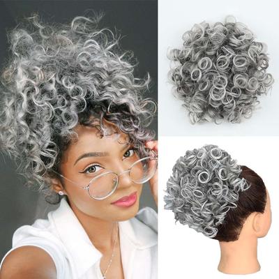 Unordentliche Haarknoten, Perückenstück, elastischer Kordelzug, lose Welle, großer lockiger Dutt, 60 g, synthetische, kurze, graue Pferdeschwanzverlängerung für Frauen