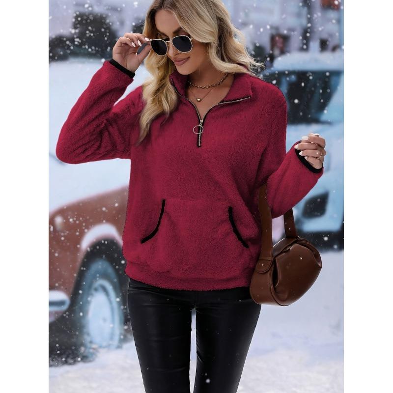 Independent Station New Autumn Winter Half Turtleneck Zipper Pocket Fashion Plush Sweatshirt for Women