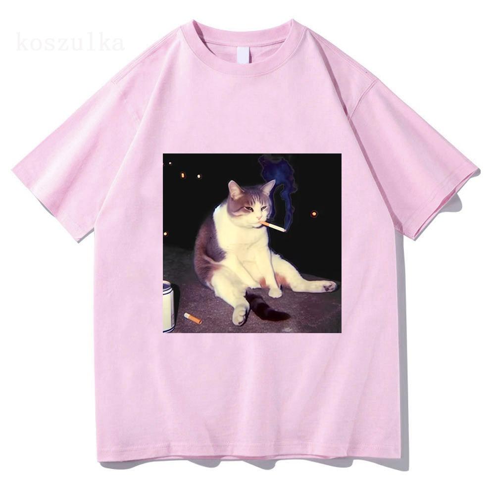 Vintage Cigarette Kitten Funny Smoking Cat Meme Stupid Brainrot Graphic T-Shirt Men Women Fashion T-shirts Cotton T Shirt