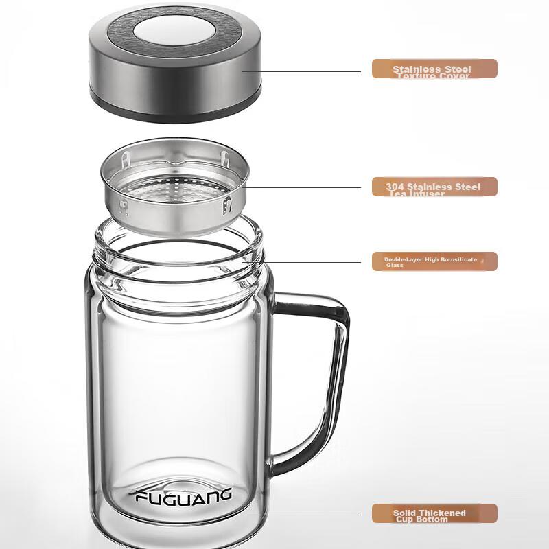 Fuguang Large Capacity High Borosilicate Double-Layer Glass Cup with Tea Strainer, Thickened Water Cup with Handle, Tea Infuser Mug, Office Cup
