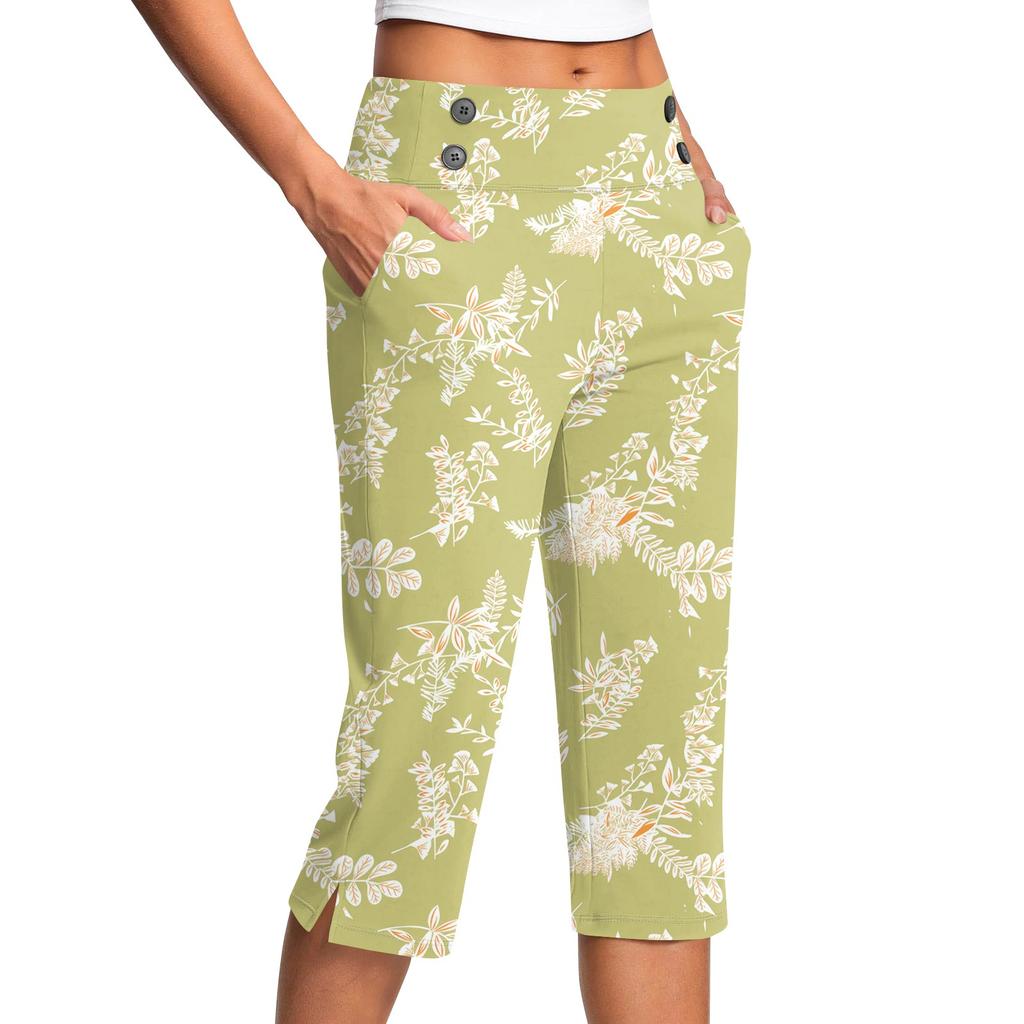 Women's Vintage Floral Print Button Pocket Trousers Slit High Waist Sports Yoga Casual Pants