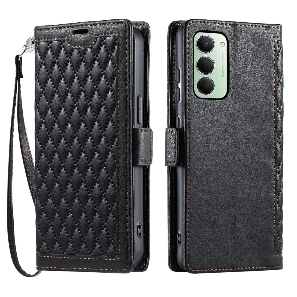 For Xiaomi Redmi 15 5G (Global) (169mm) Leather Case Rhombus Texture Wallet Stand Phone Cover with Wrist Strap