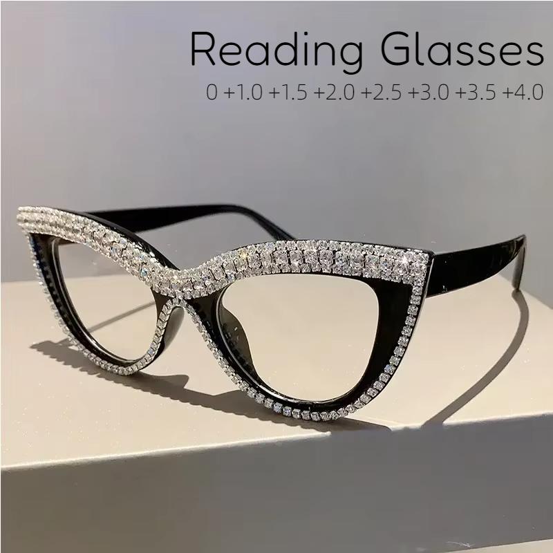 Luxury Diamond Cat Eye Reading Glasses for Women Oversized Blue Light Blocking Prebyopia Eyewear Finished Far Sighted Eyeglasses