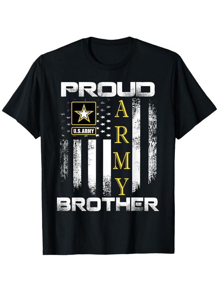 Vintage Proud Army Brother With American Flag Gift Pattern Design -100% Cotton O-neck Short Sleeve Casual Printed Men's T-shirt.