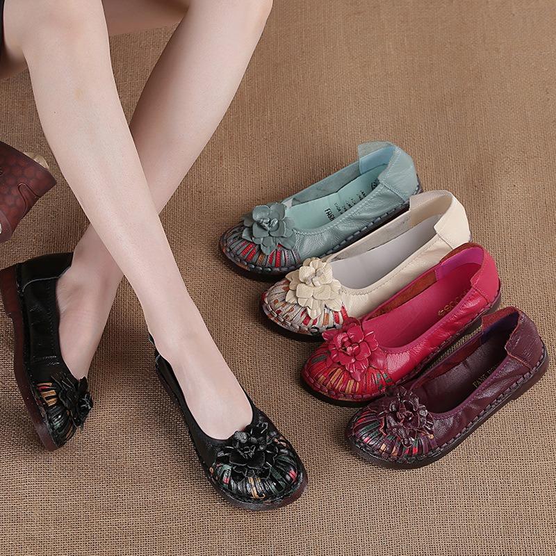 New First-layer Cowhide Casual Flat-soled Women's Shoes Flower Leather Women's Single Shoes