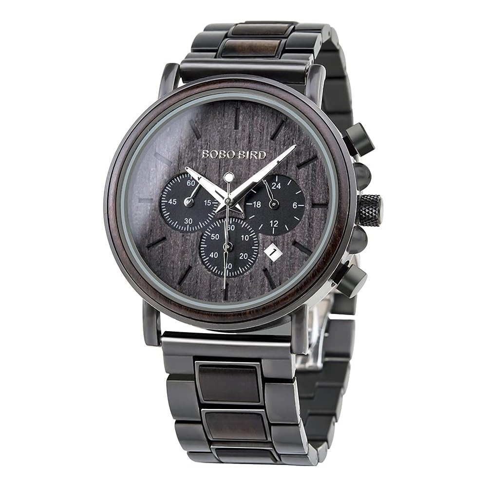 Men s Wooden Watch Business Casual Chronograph Black Sandalwood Stainless Steel