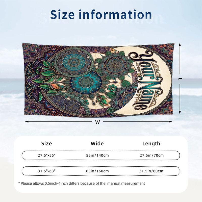 Bohemian Mandala Artwork Theme Quick Dry Beach Towel Custom Name Text Print Large Sand Resistant Towel Beach Vacation