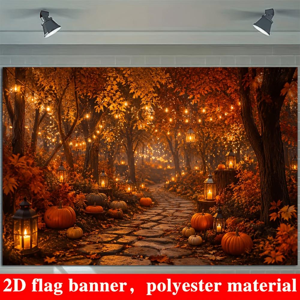 2D planar banner background featuring a pumpkin forest theme for autumn with stone-paved pathzyc