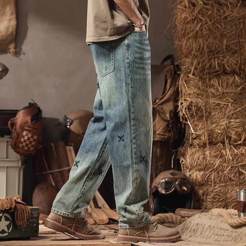 Amerikanische gewaschene Retro-blaue bestickte Jeans Herren gerade locker weit geschnittene trendige lässige Hose verlängert Frühling und Sommer