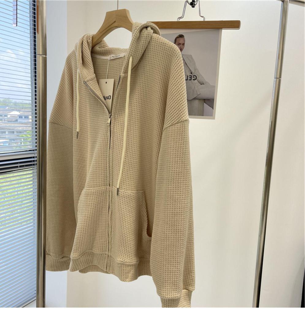 Women's Waffle Knit Hooded Zipper Cardigan - New Loose Slim Design for Autumn/Winter