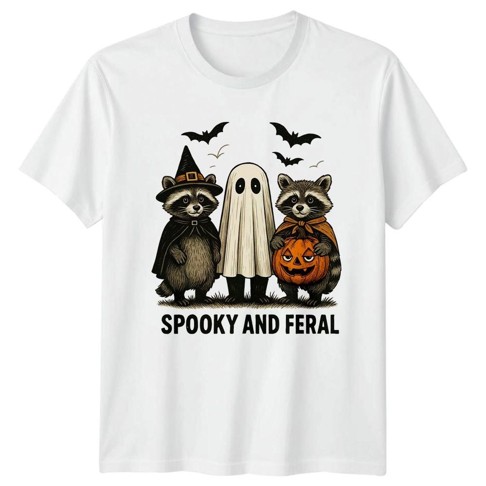 Spooky And Feral Halloween Raccoons Ghost Bats Holiday Unisex Unisex Tee Graphic S
