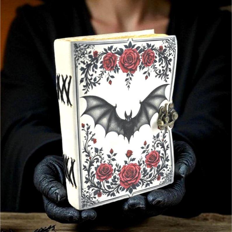 Vampire Bat Grimoire Journal – Gothic Roses Witchy Spell Book | Handmade Leather Book of Shadows