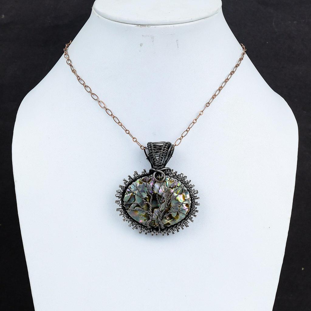 Doppelter Lebensbaum, Abalone-Muschel, Edelstein, handgefertigt, Kupferdraht, Wickelanhänger, Schmuck für Frauen
