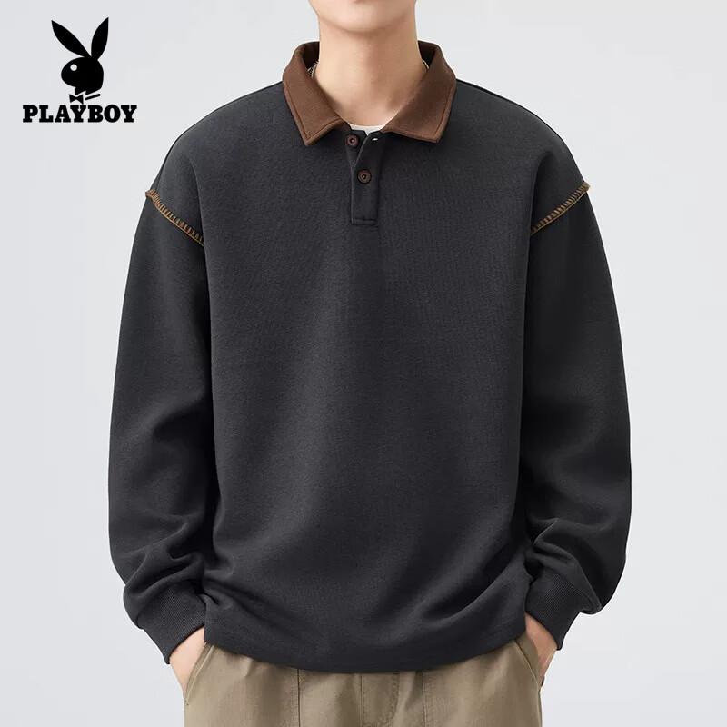 PLAYBOY Men's Long Sleeve Polo Neck Pullover Sweatshirt