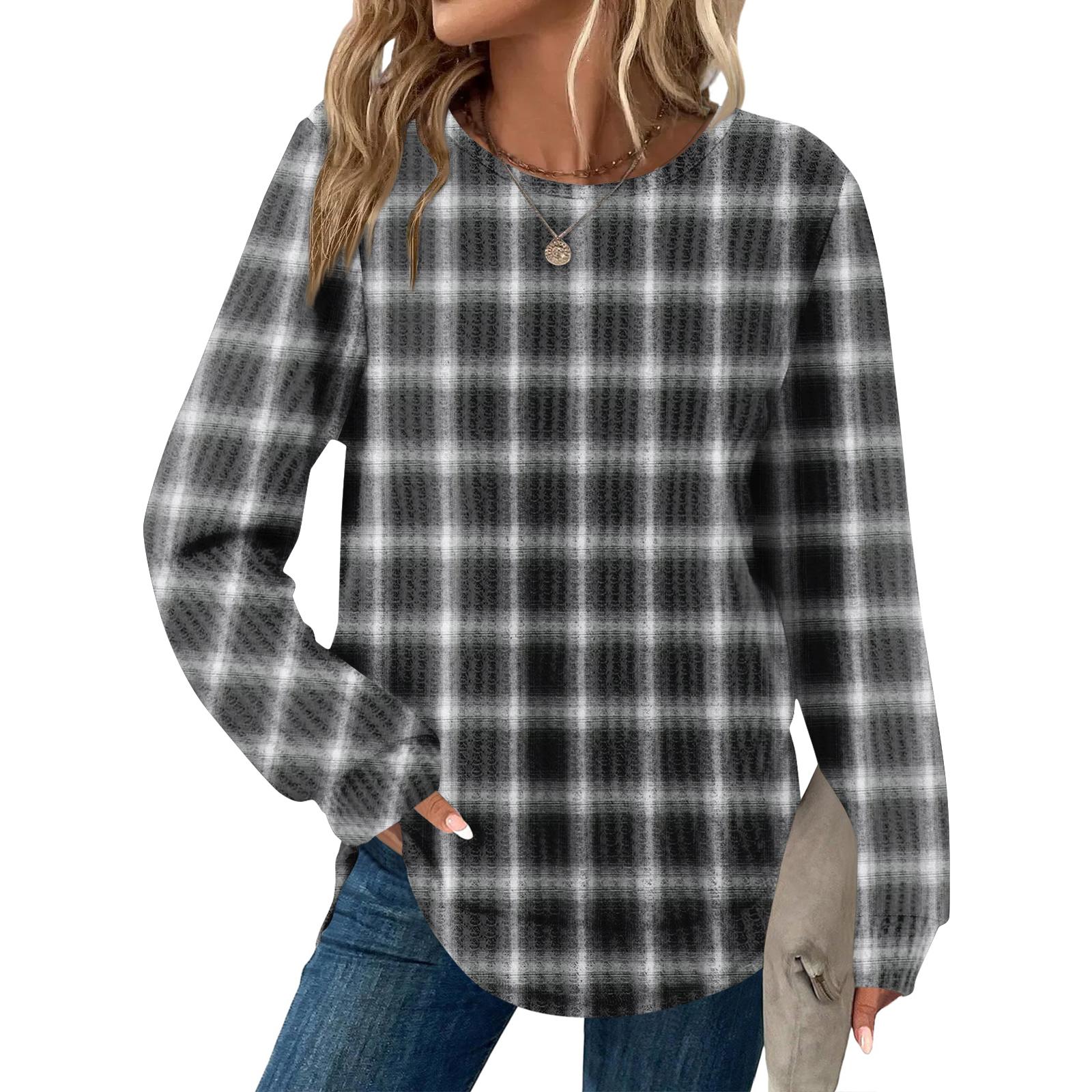 

Women s Plaid Print Round Neck Long Sleeve Casual Loose Top L чёрный