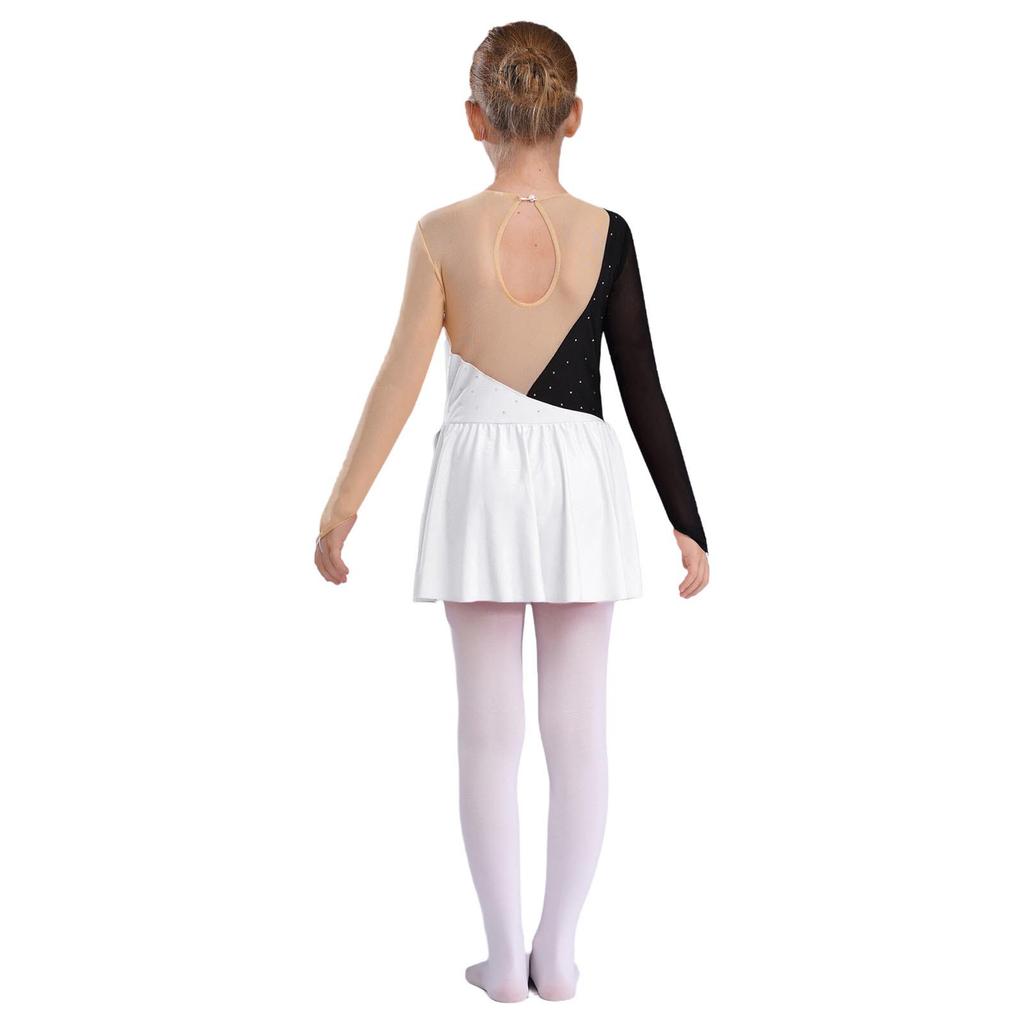 Rochie de patinaj cu mânecă lungă pentru fete, guler rotund, culoare contrastantă, stras, spate gol, costum de dans