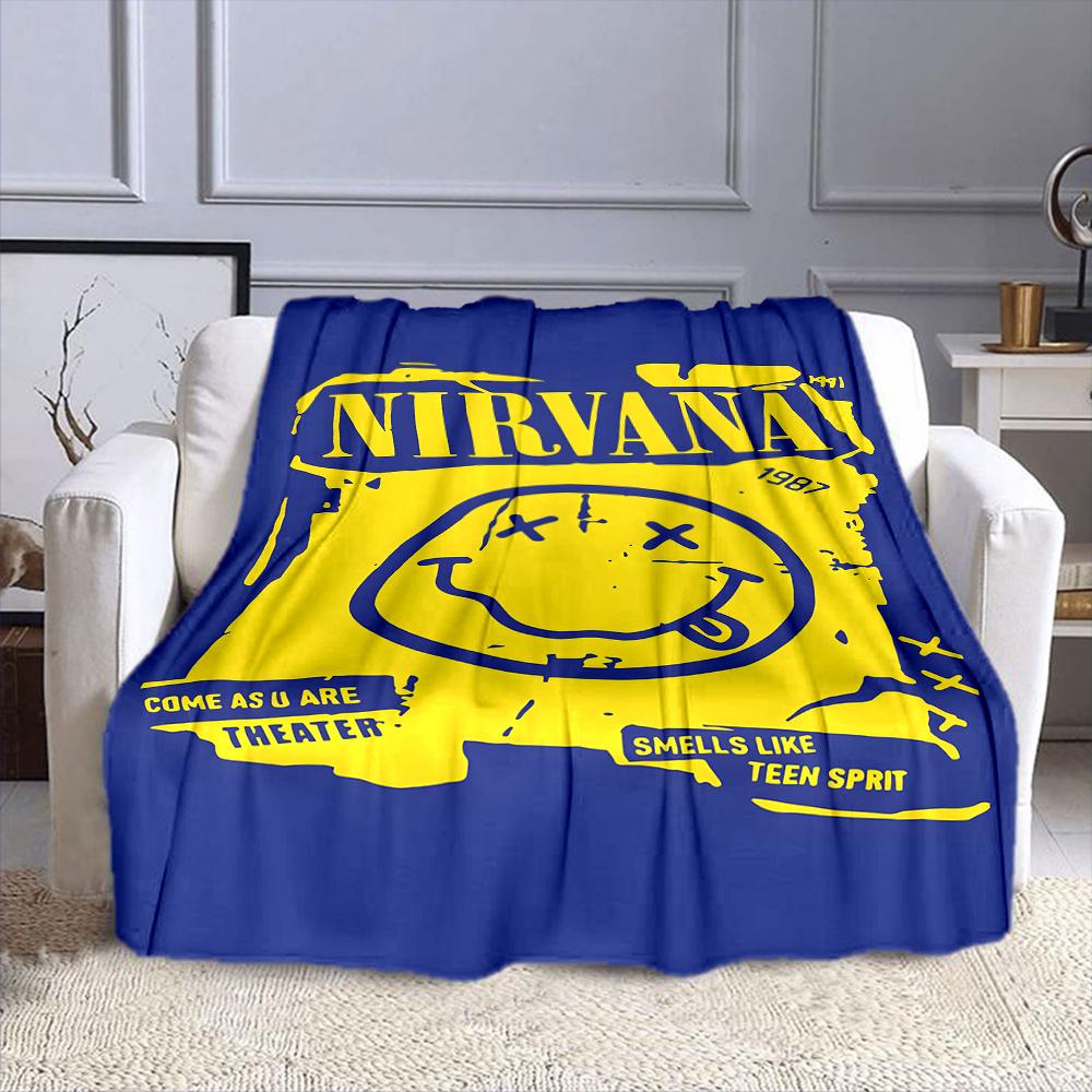 Nirvana Smiley Logo Blanket Design Patterned flannel blanket perfect for the bedroom living room, sofa, or a little nap
