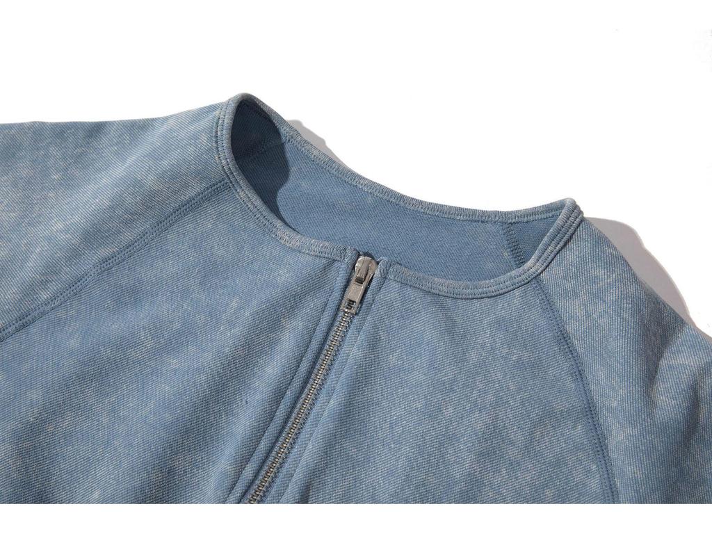 Auf Lager: Sandgewaschener Nahtloser Strick-Yoga-Anzug in Faux-Denim-Optik mit Doppelreißverschluss für Damen - Europäisches und Amerikanisches Langarm-Fitness-Set