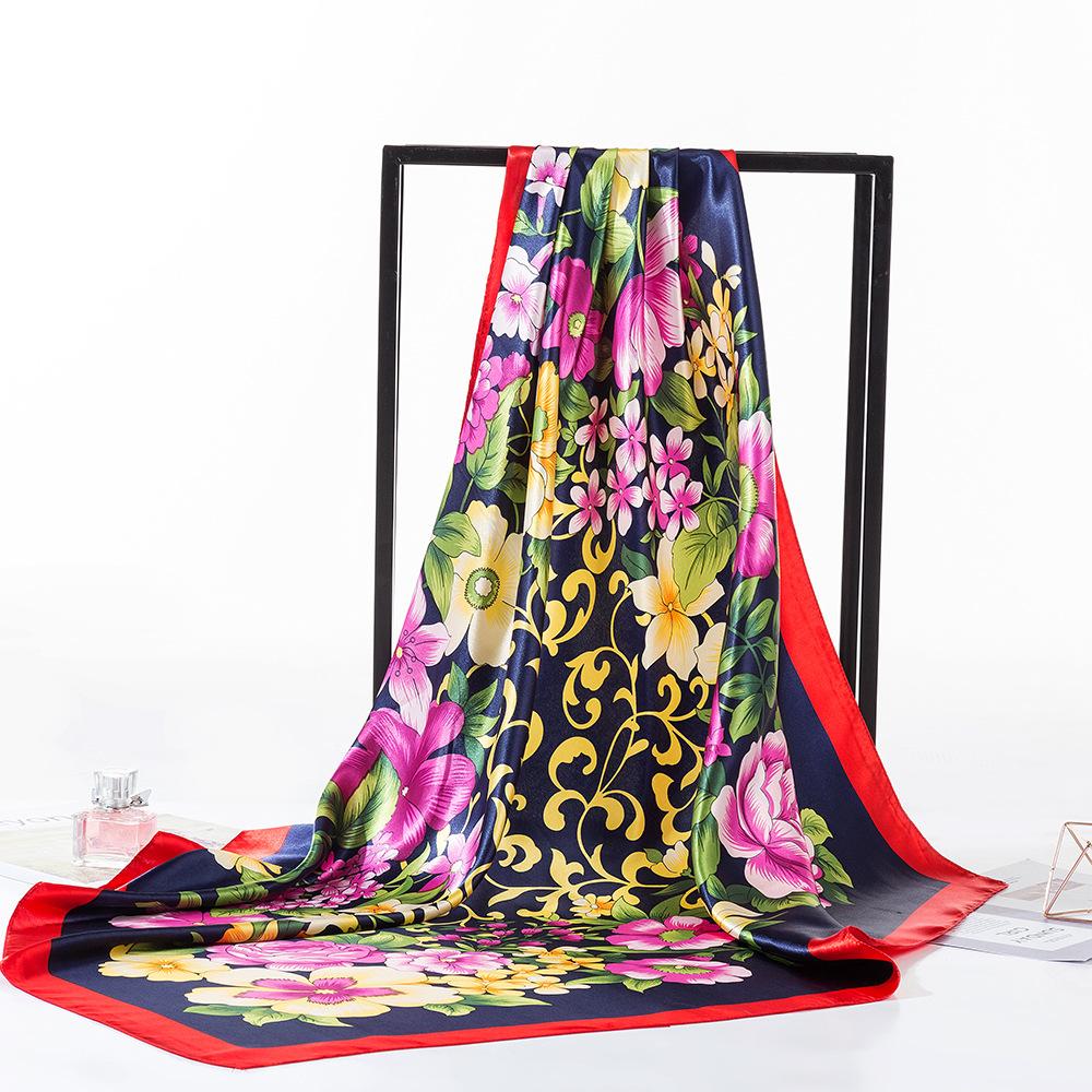 Women Silk Imitation Square Scarf Foulard Print Satin Kerchief Hairband Neckerchief Head Hijab Lady Headband Bag Ribbon 90X90Cm