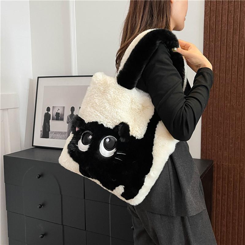 Fashion Cute Plush Cat Pattern Shoulder Bag, Autumn Winter Chic Plush Tote Bag for Women, Cartoon Cat Soft Faux Fur Handbag