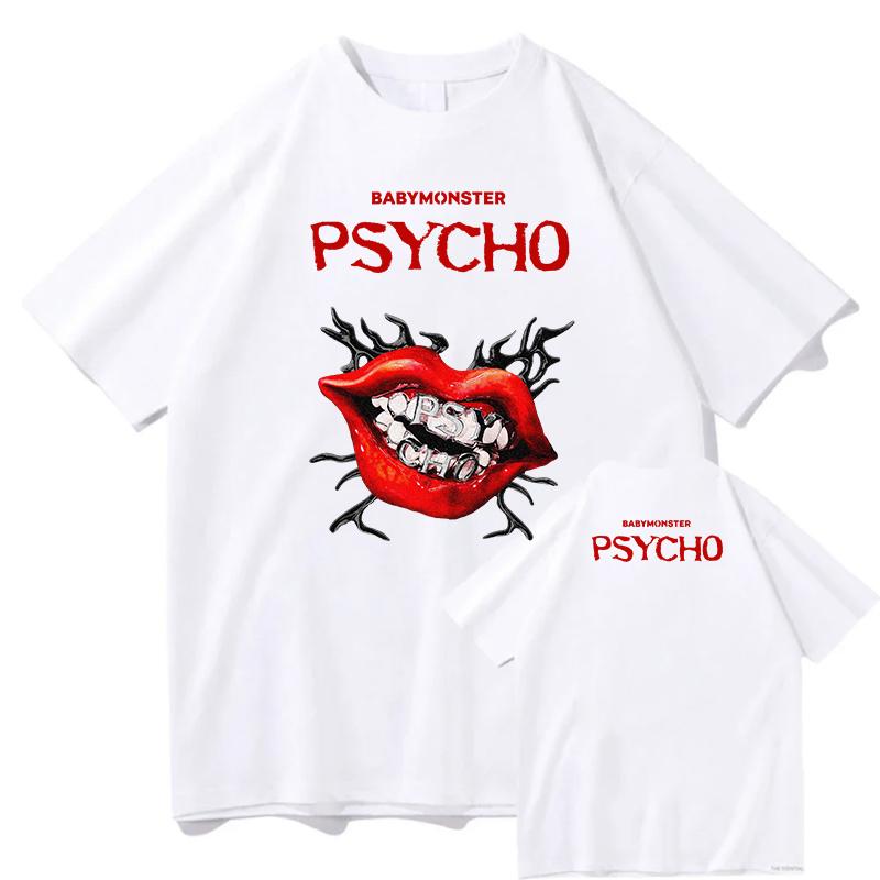 Nouveaux T-shirts BABYMONSTER PSYCHO Impression Graphique T-shirts en Coton Coupe Ample Mode T-shirt Femme Vêtements Homme Hauts de Qualité Streetwear