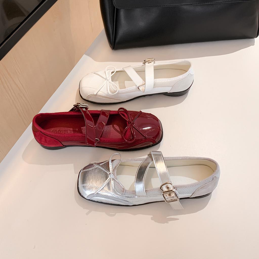 Sheepskin Version Silver Single Shoes Women's Retro Bow Thick Sole Heightening Casual Versatile Ballet Mary Jane Sneakers