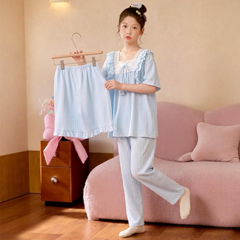 Girls Short Sleeve Pajama Set Soft Combed Cotton Sleepwear Cartoon Print Lightweight Home Outfit 8 Years