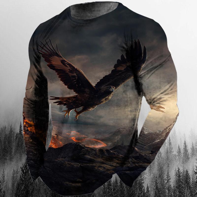Spring and Autumn Round Neck 3D Animal Eagle Graphic Printed Top Fashionable Casual Hip Hop Long Sleeved Men's T-shirts