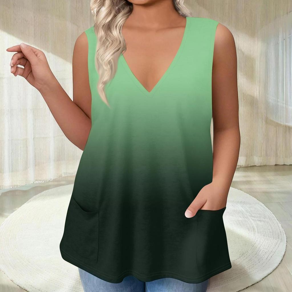 Women's V-neck T-shirt Vest Loose With Pockets T-shirt Gradient Colour Printed Bottom Shirt
